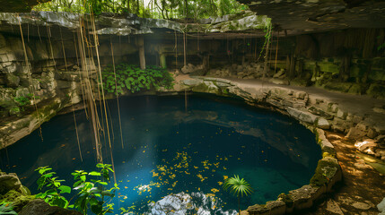 A breathtaking cenote illuminated by natural light, featuring hanging roots and crystal-clear turquoise waters.
 - obrazy, fototapety, plakaty