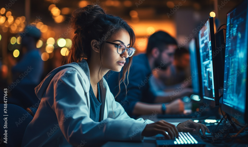 Poster focused female software developer working on computer in a busy office, writing code and solving com