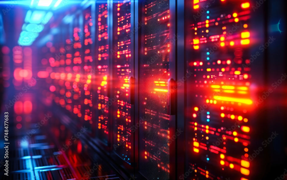 Poster high-tech data center server racks with glowing led lights, symbolizing network infrastructure, clou