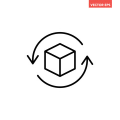 Obraz premium Black single rotating 3D cube model line icon, simple virtual reality flat design illustration pictogram for infographic interface elements for app logo web button ui isolated on white background