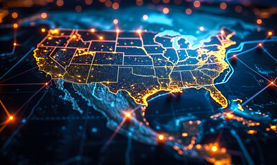 Obraz premium Digital Network Connections and Data Exchange Over the United States, Glowing Nodes and Lines Highlighting National Connectivity and Technology