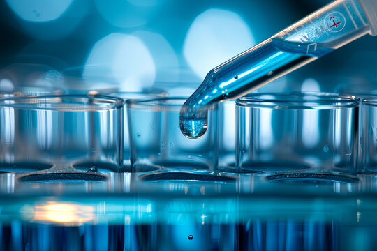 A lab pipette filled with a blue chemical solution, with a droplet emerging over a row of empty test tubes in a science research lab