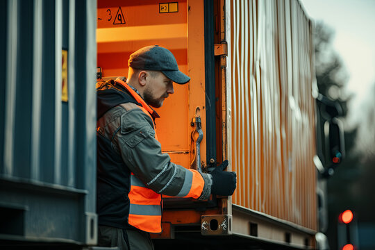 A truck driver loading cargo into a container