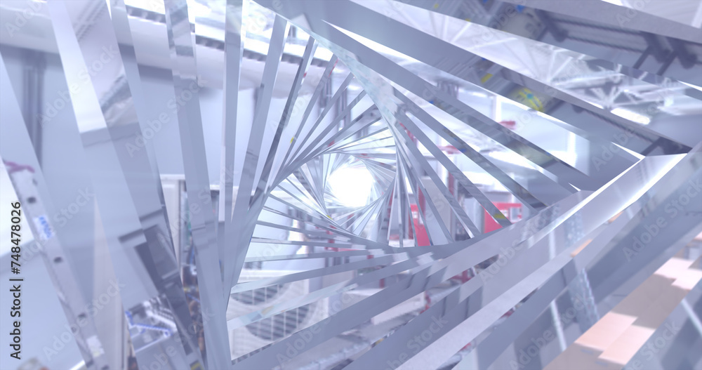 Poster abstract metallic shiny silver chrome polyhedral tunnel frame made of lines of hexagonal edges, mech