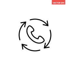Black single recall line icon, simple call back technology flat design pictogram vector for app logo ads web webpage button ui ux interface elements isolated on white background