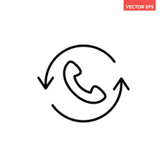 Black single recall line icon, simple call back technology flat design pictogram vector for app logo ads web webpage button ui ux interface elements isolated on white background