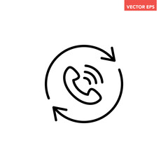 Black single recall line icon, simple call back technology flat design pictogram vector for app logo ads web webpage button ui ux interface elements isolated on white background