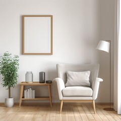 Empty frame in a living room interior with an armchair.