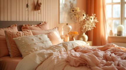 Fototapeta na wymiar A bed adorned with a pink comforter and matching pillows in a cozy bedroom setting