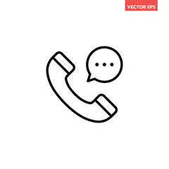 Black single phone handset with speech bubble line icon, simple answer call flat design illustration pictogram vector for app ads web banner button ui interface elements isolated on white background