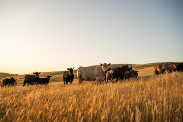 cow in a field at sunset on a summer in a dry drought in summer in australia on at agricultural farm