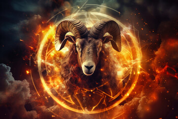 A ram, symbolizing the Zodiac sign Aries, standing prominently in the midst of a sky filled with fluffy clouds