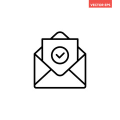 Single black email with confirmed document line icon, simple mail received flat design vector pictogram, infographic interface elements for app logo web button ui ux isolated on white background