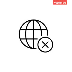 Black single server not confirm line icon, simple globe with failed checkmark flat design vector pictogram, infographic interface elements for app logo web button ui ux isolated on white background