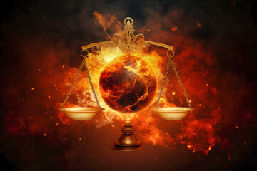 A scale of justice is engulfed in flames, with a cross on top, symbolizing turmoil and conflict in the concept of justice