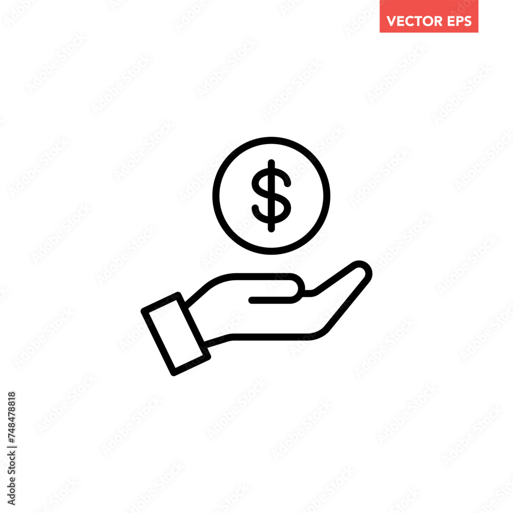 Poster black single dollar in hand line icon, simple financial investment flat design vector pictogram, inf