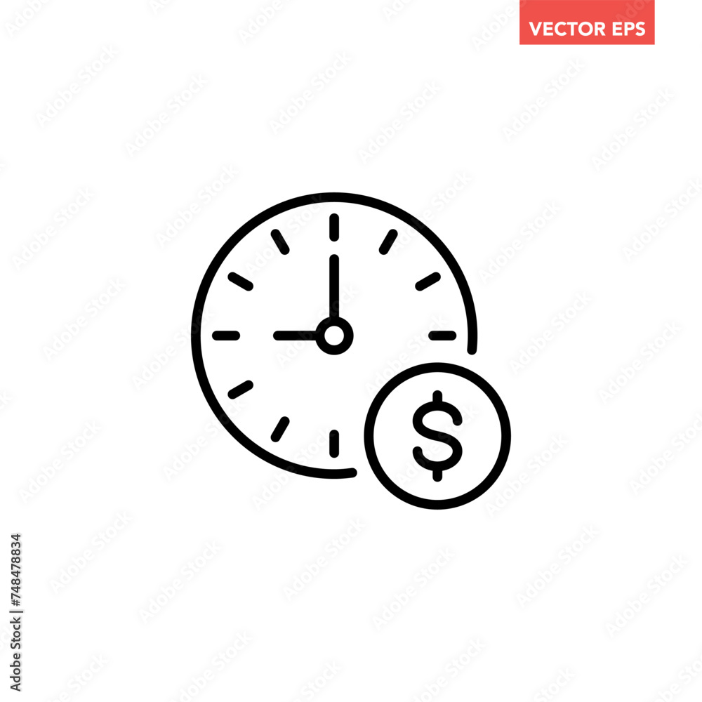 Poster black single time is money line icon, simple long term finance flat design illustration pictogram ve