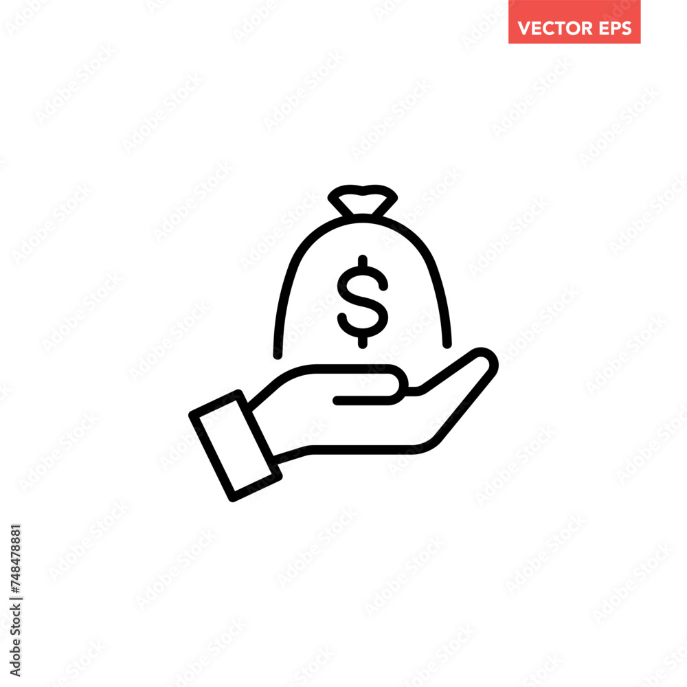 Poster single black hand holding money thin line icon, simple give financial investment flat design vector 