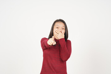 Young Asian woman in Red t-shirt doing Wow or Shock face and pointing at camera isolated on white background