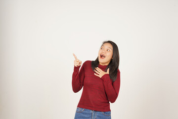 Young Asian woman in Red t-shirt doing Wow or Shock face and pointing side isolated on white background