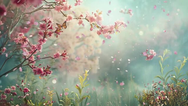 art spring background with flowers and blurred background. seamless looping overlay 4k virtual video animation background