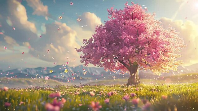 amazing nature scene. beautiful spring nature scene with pink blooming tree. seamless looping overlay 4k virtual video animation background