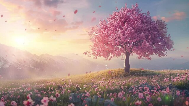 pink nature scene with sunrise. beautiful spring nature scene with pink blooming tree. seamless looping overlay 4k virtual video animation background