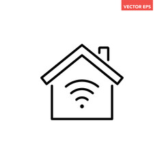 Black single smart home line icon, simple house wifi technology flat design, wi-fi included concept vector for app ads web banner button ui ux interface elements isolated on white background
