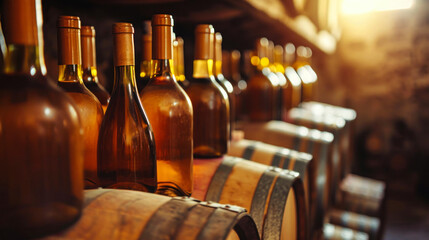 Row of Wine Bottles on Wooden Shelf