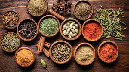 Assorted Spices and Herbs on a Wooden Table