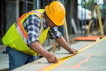 A construction worker taking measurements on a job site using a tape measure