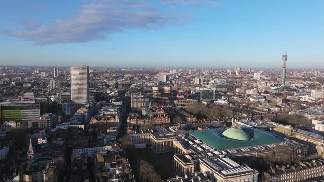Aerial shot over the British museum towards Fitzrovia