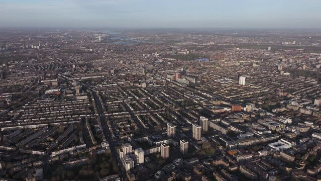Wide high aerial shot over residential Islington and Hackney East London