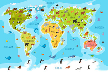 Fototapeta premium Funny cartoon world map with animals. Vector Illustration of a World Map with Animals for kids