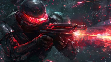 A fierce warrior with glowing red eyes grips his advanced laser blaster ready to take on any challengers in the FPS cyber tournament.