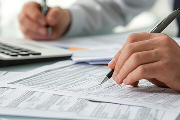 Accountants completing tax forms - obrazy, fototapety, plakaty