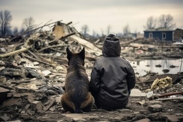Child in a black jacket and a dog sit and look at the city dump and the bleak view around.
