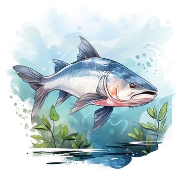 Watercolor catfish illustration using bright colors hand drawn fish isolated on white background.