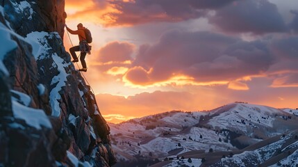 Climber on Rocky Slope at Sunset During Mountain Climb