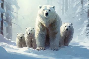 Fotobehang Majestic Polar bears snow arctic cold. Park animal mother carnivore water fur. Generate Ai © juliars