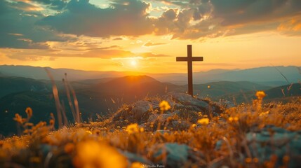 Silhouette jesus christ crucifix on cross on calvary sunset background concept for good friday he is risen in easter day, good friday jesus death on crucifix, world christian and holy spirit religious