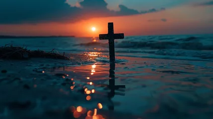 Foto op Plexiglas Silhouette jesus christ crucifix on cross on calvary sunset background concept for good friday he is risen in easter day, good friday jesus death on crucifix, world christian and holy spirit religious © ThamDesign