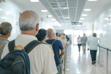 Close-up of a senior man with gray hair waiting in line in a bright hospital corridor, focus on patient care. Hospital queue
