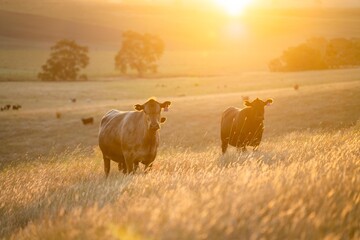 beautiful cattle in Australia  eating grass, grazing on pasture. Herd of cows free range beef being...