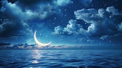 Obraz na płótnie Canvas Ramadan Kareem background with crescent, stars and glowing clouds above serene sea. Elements of this image furnished by NASA, copy space - generative ai