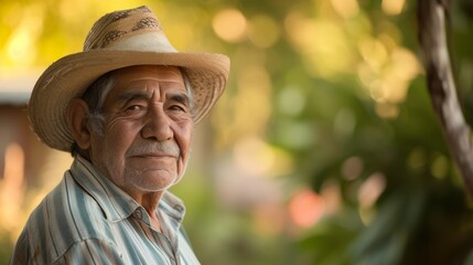 A portrait of elderly man at farm with hat, traditional mexican style, copy space.