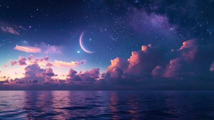 Fototapeta na wymiar Ramadan Kareem background with crescent, stars and glowing clouds above serene sea. Elements of this image furnished by NASA, copy space - generative ai