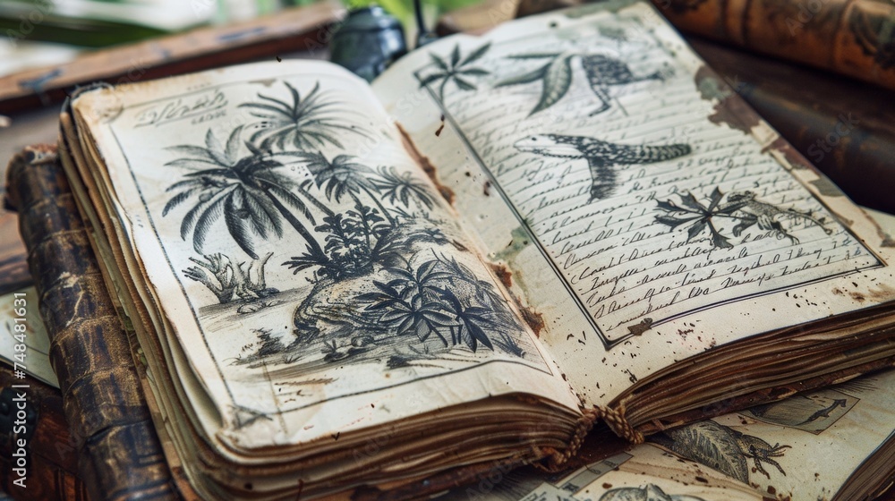 Poster the pages of the adventurers diary are filled with detailed maps and notes chronicling journey throu