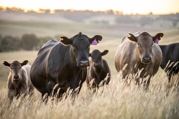 Close up of fat Angus and Murray Grey Cows eating long pasture in Australia at dusk - obrazy, fototapety, plakaty