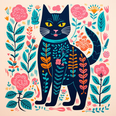 Colorful risograph-style illustration of a cat with floral patterns against a pastel background, in folk art design.